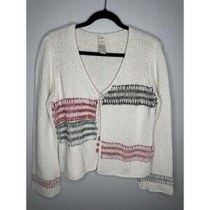 J. Jill Sweater Womens Medium Ivory Silk Blend Cardigan Single Button Striped